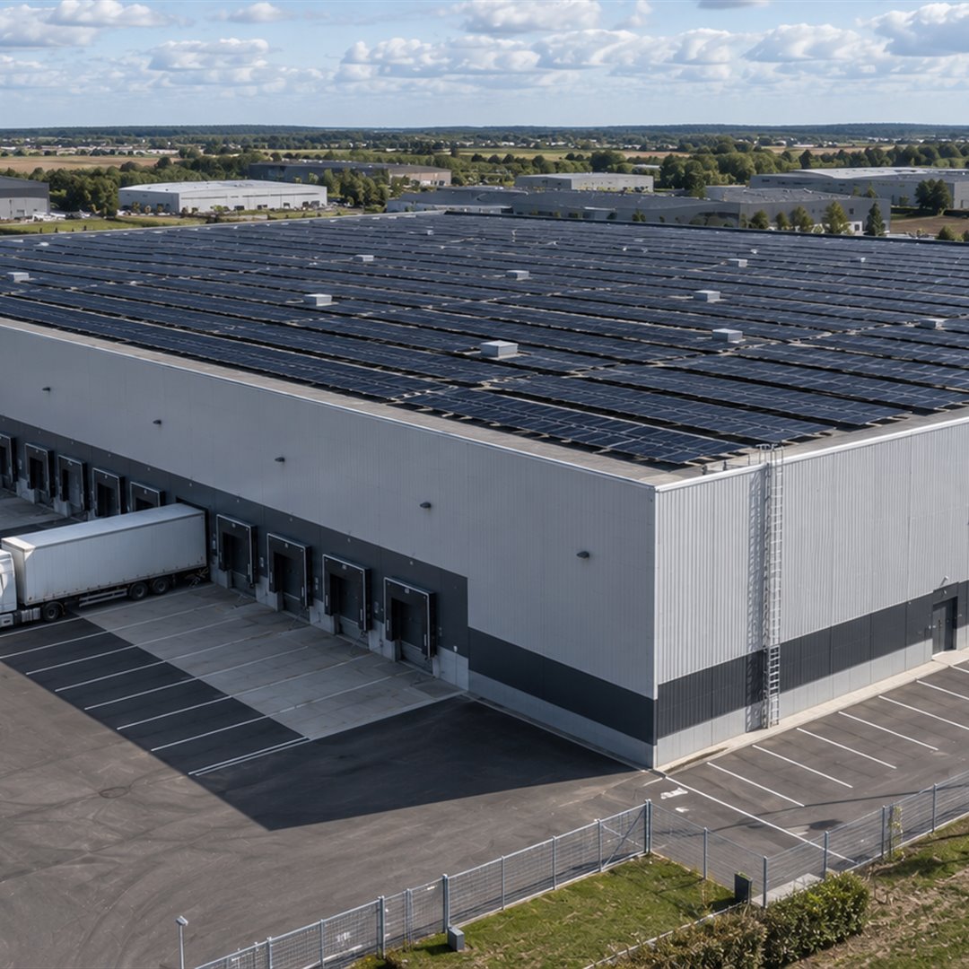 Stort logistikcenter med solceller over hele taget og lastbil ved rampen