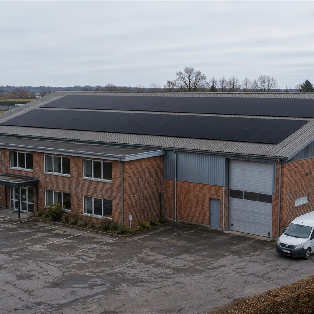 Mindre virksomhed med kontorbygning og lagerhal med solceller på taget