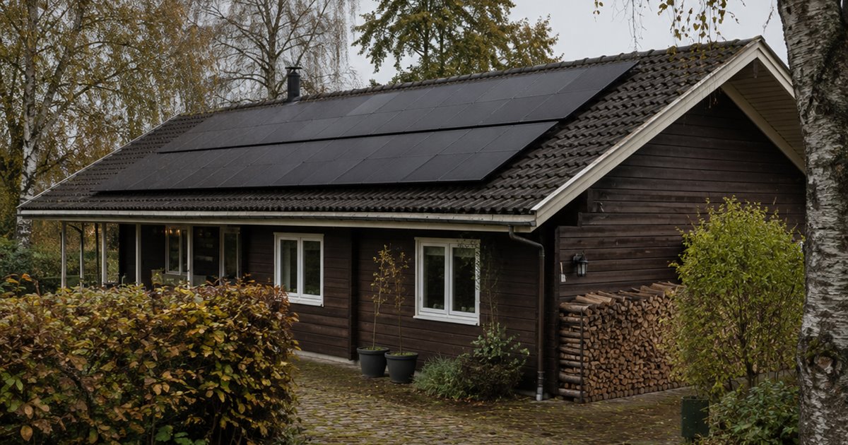 Sortmalet træhus med sorte solceller på taget, efterårsdag
