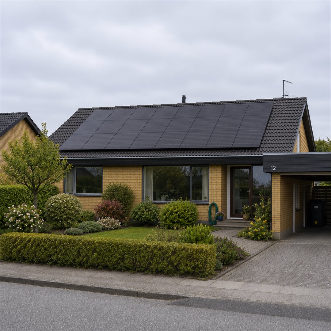 Gult murstenshus med solceller på taget, carport og forhave med hæk