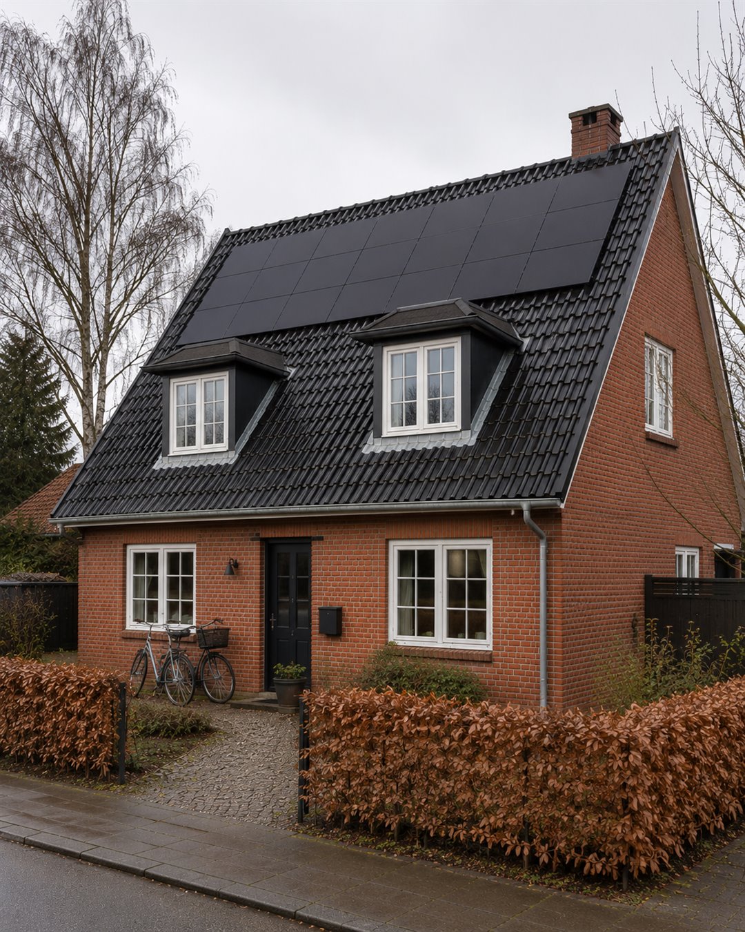 Rødt murstenshus med kviste og solceller på taget