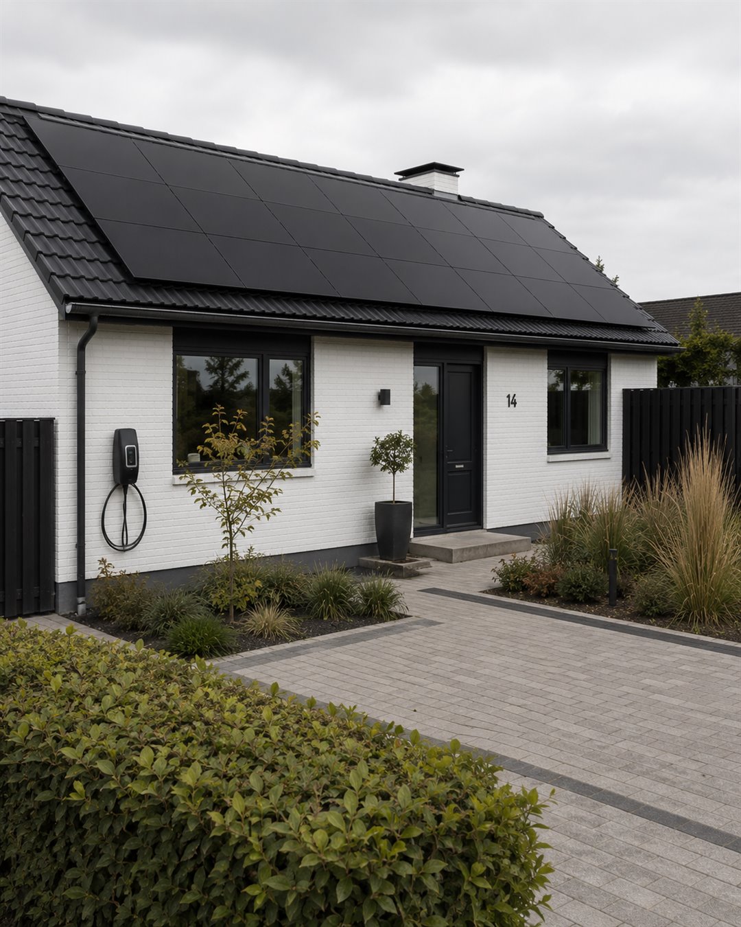 Hvidt hus med solceller på taget og ladestander til elbil