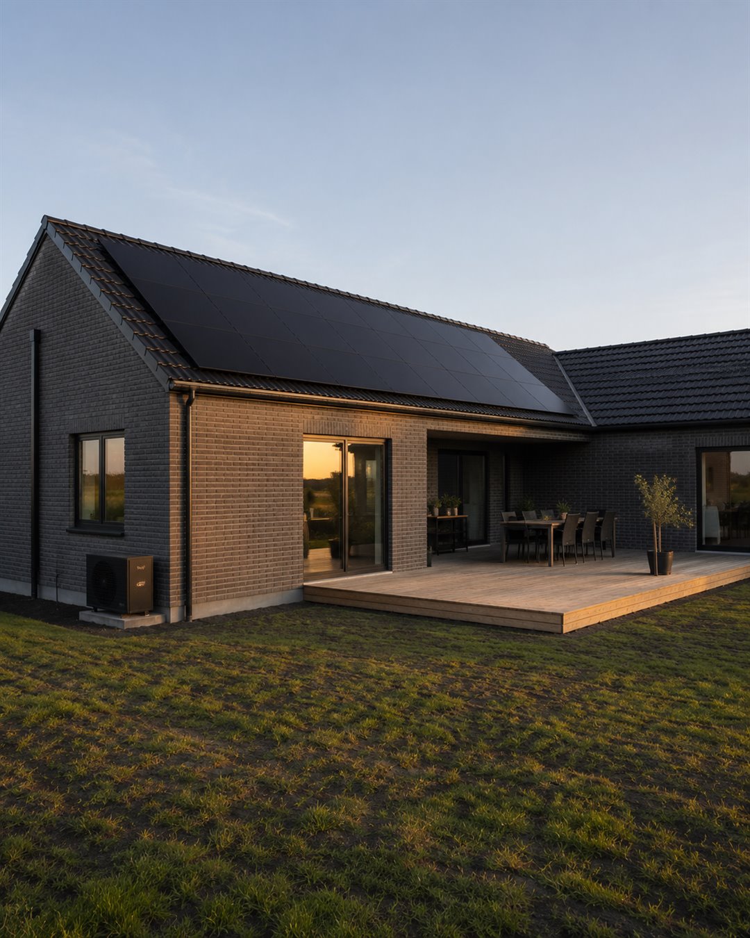 Moderne mørkt hus med solceller og terrasse i solnedgang