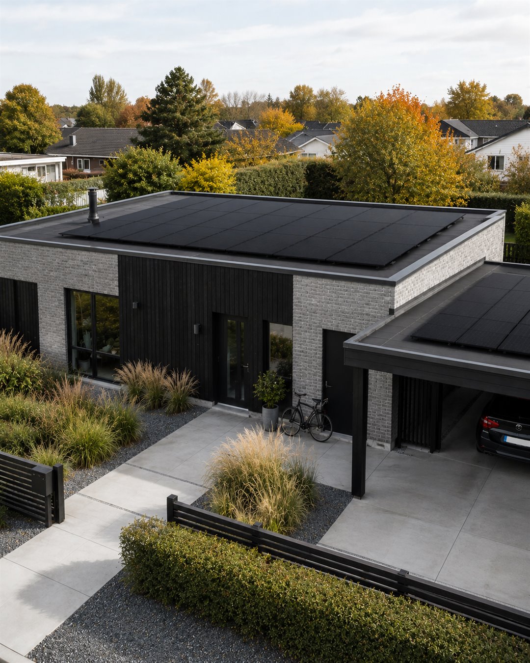 Villa med fladt tag og solceller, set lidt oppefra